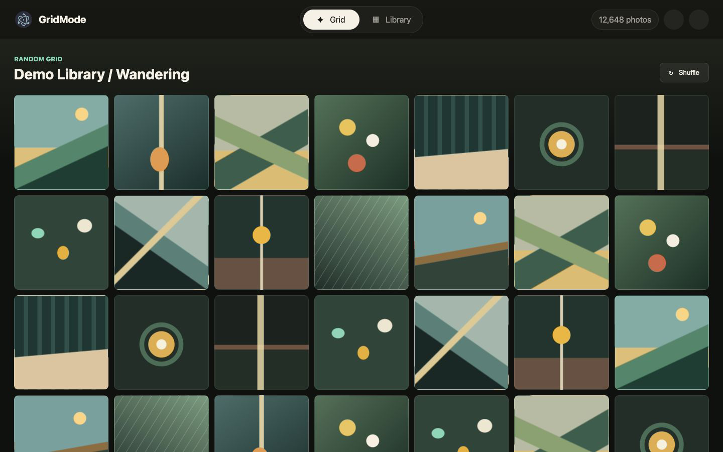 GridMode desktop app showing a grid of landscape and still-life photos